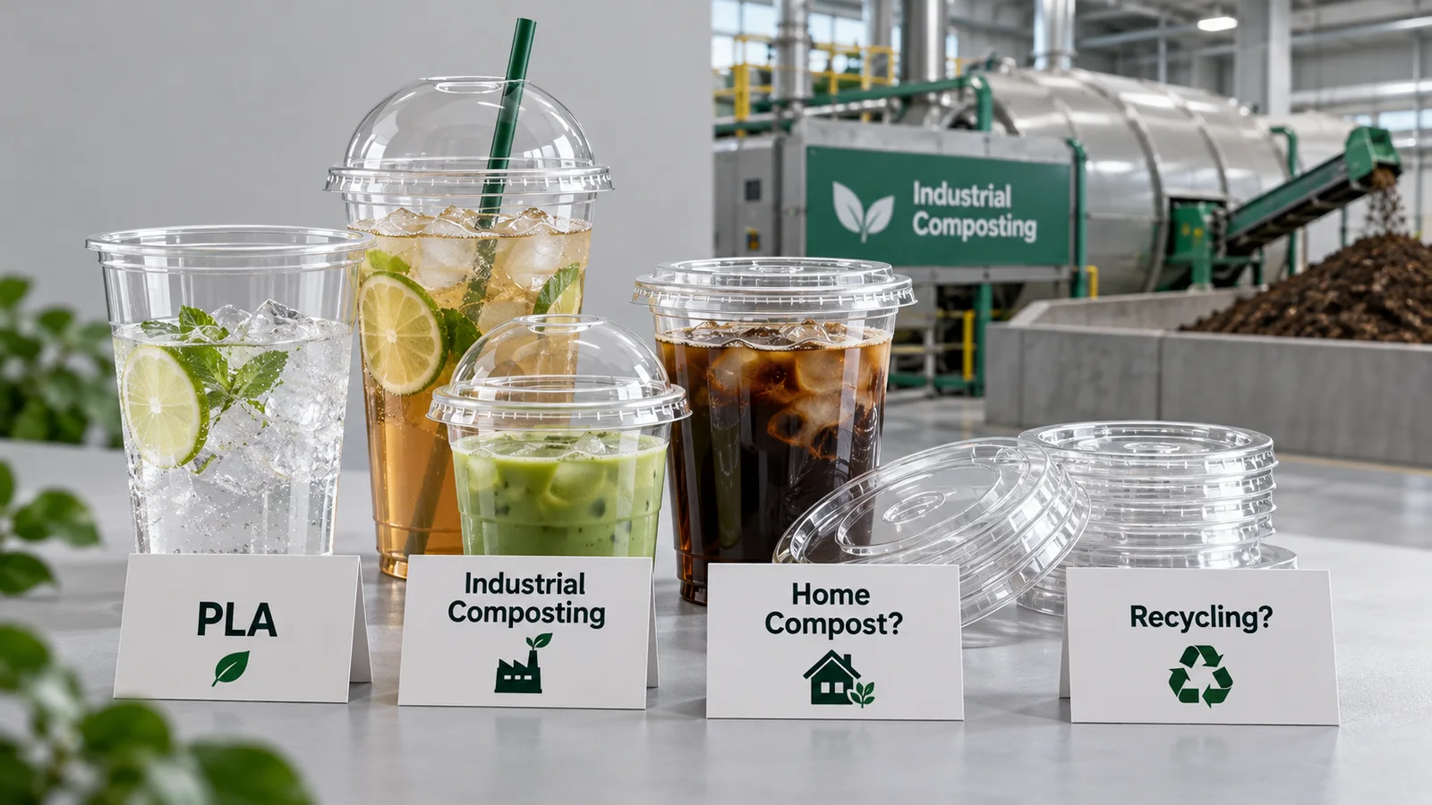 Clear PLA compostable cups beside an industrial composting facility diagram and disposal labels