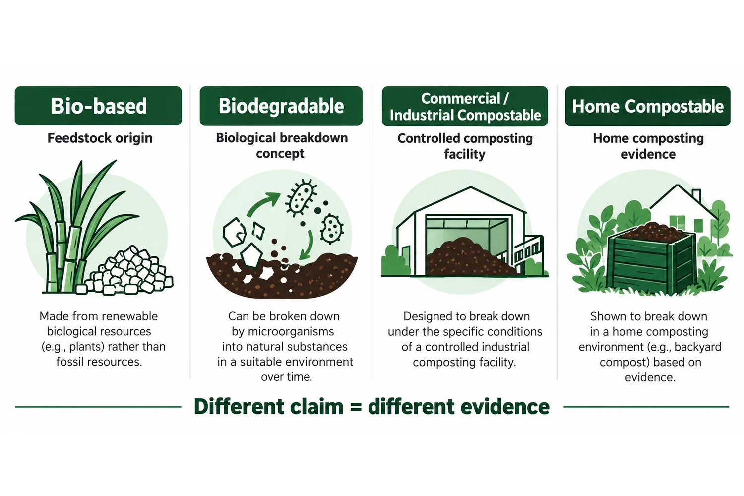 Diagram separating bio-based biodegradable industrial compostable and home compostable claims for plastic cups