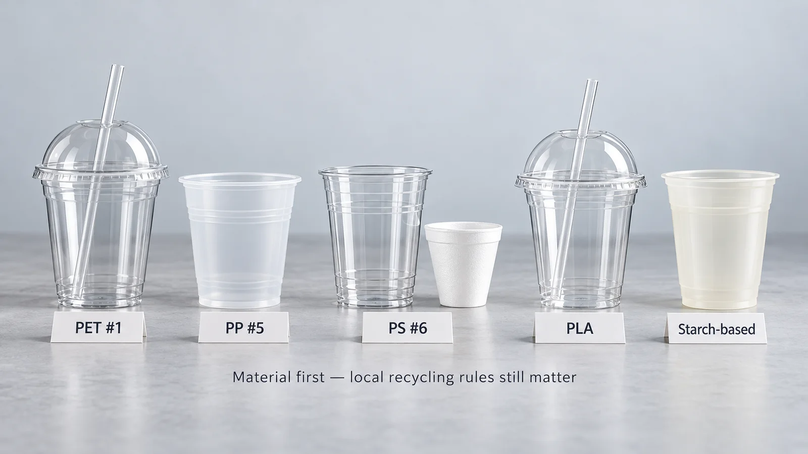 PET, PP, PS, PLA and starch-based plastic cups arranged for a material recyclability comparison