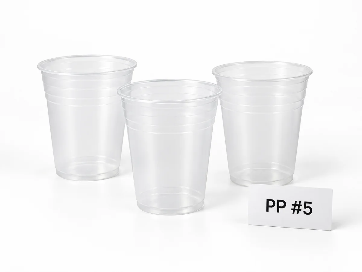 Polypropylene PP plastic cups used as an example of rigid #5 cup packaging
