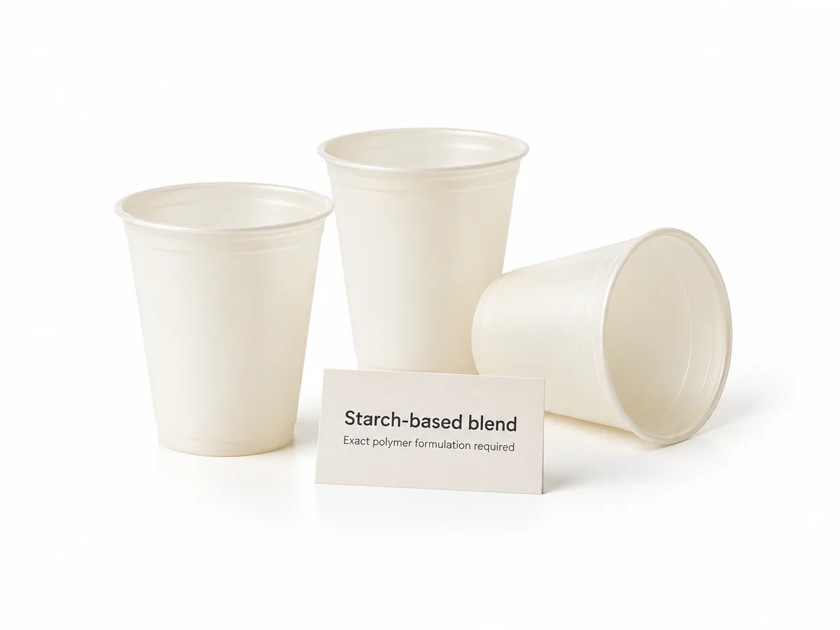Starch-based bioplastic cups illustrating that cornstarch is a formulation description rather than a standard resin code