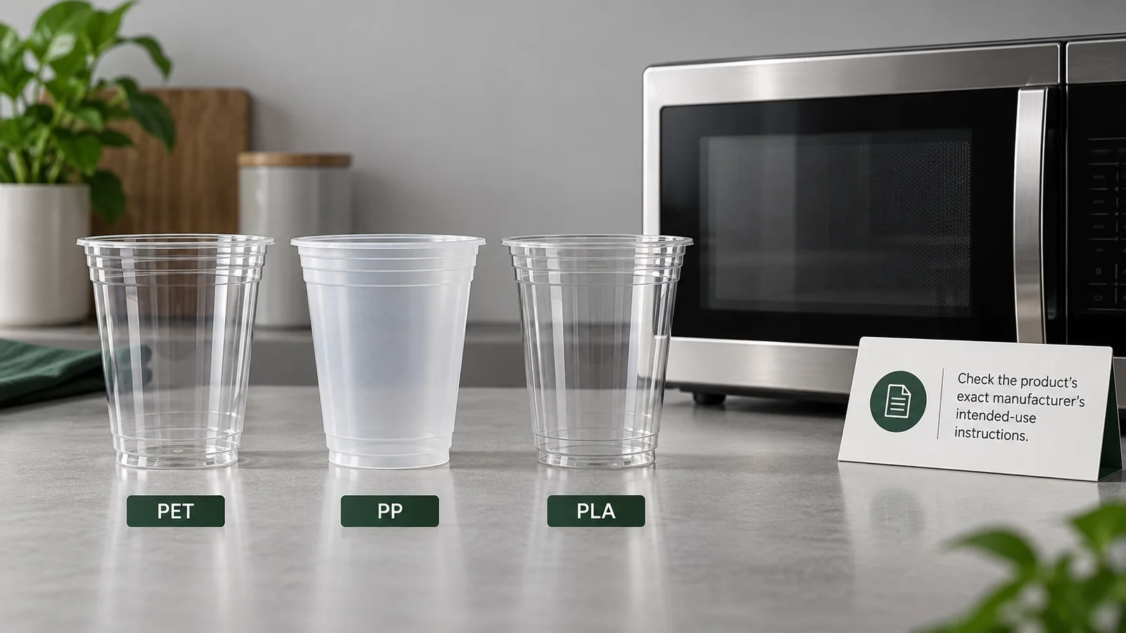 Clear plastic cups labeled PET PP and PLA beside a microwave with a check-before-heating concept