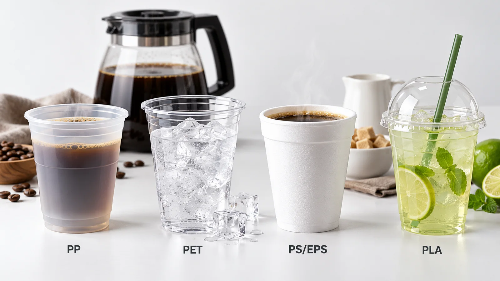 PP, PET, PS and PLA cup materials compared for hot coffee use