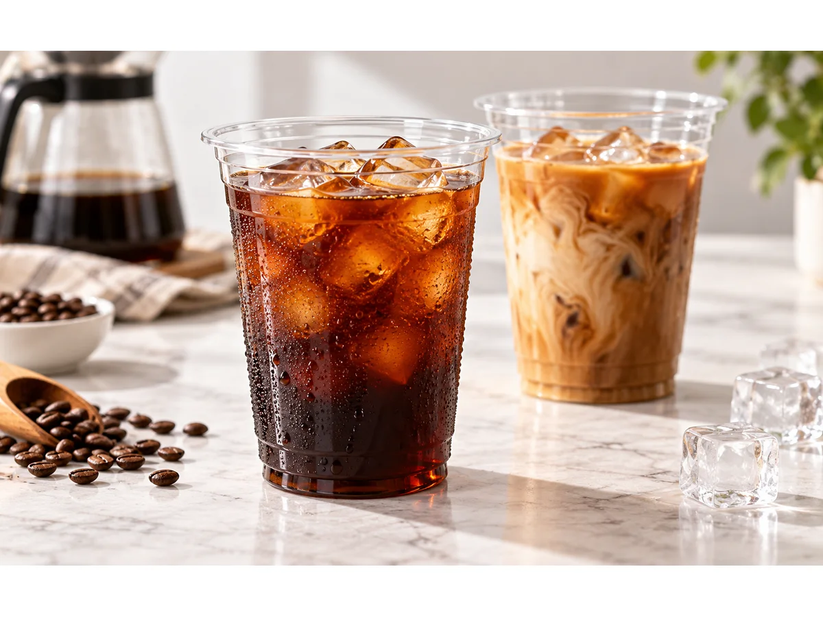 Clear PET cold drink cup shown as a cold-service product rather than a direct hot-coffee cup