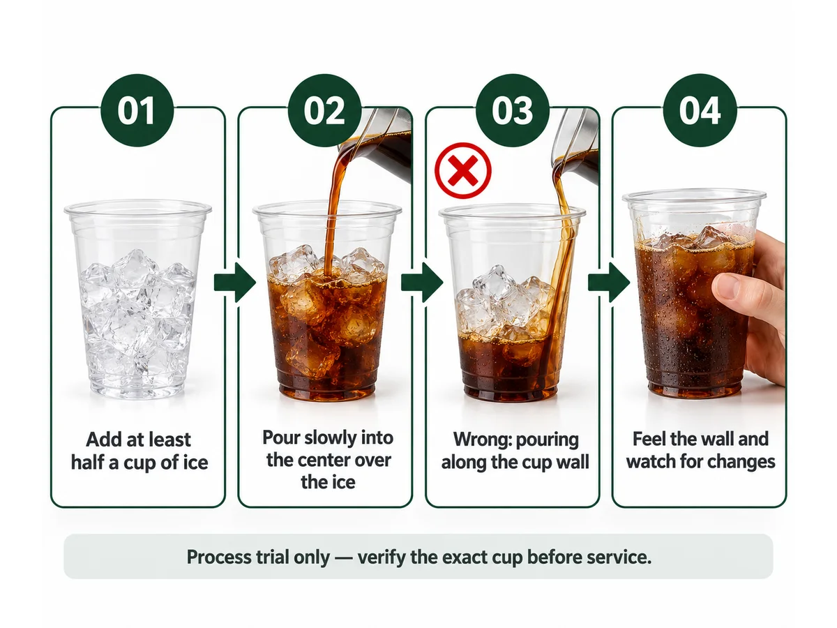 Four-step PET iced coffee trial showing ice first, center pour, wrong wall pour and cup inspection