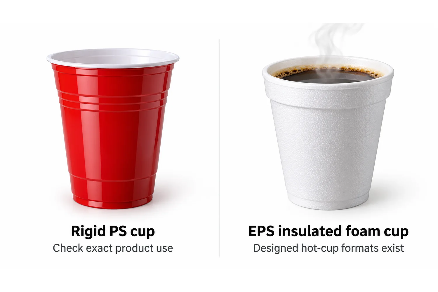 Rigid PS cup and insulated EPS foam hot cup compared for hot coffee service