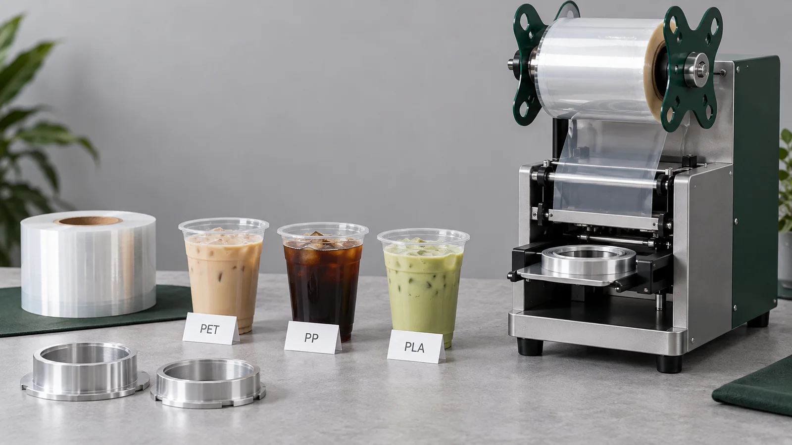 Illustrative cup sealing workstation with a tabletop sealer, candidate beverage cups, a film roll and removable cup holders
