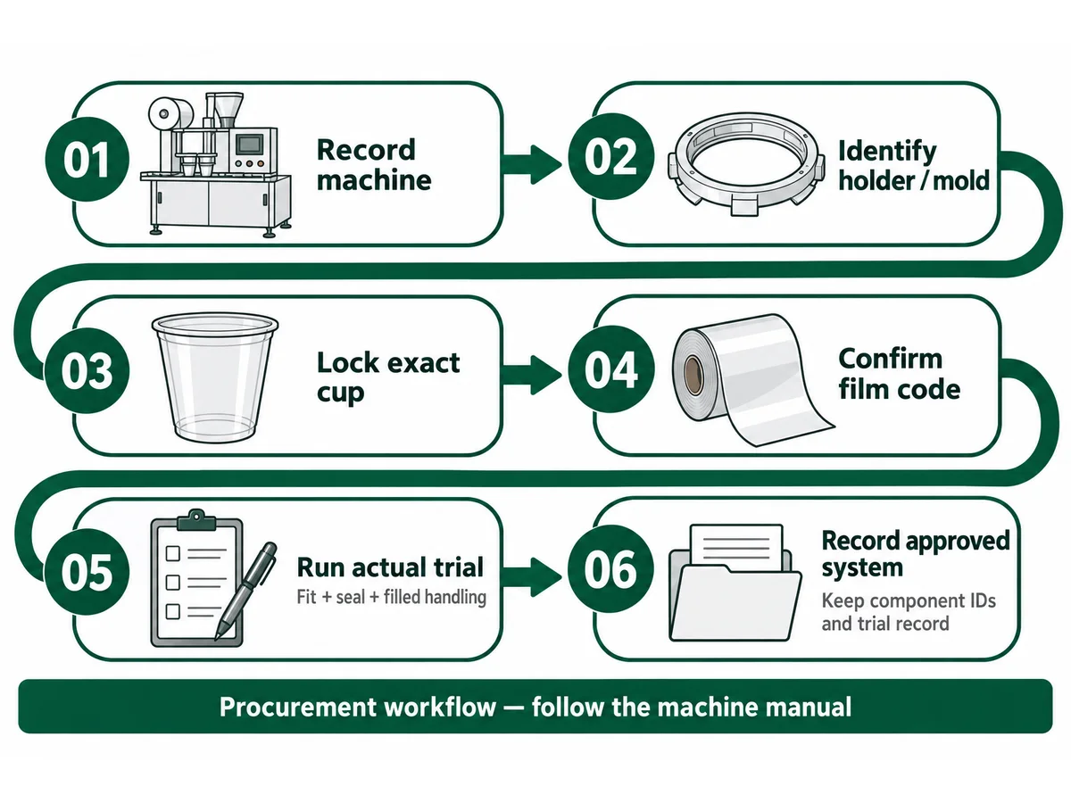 Six-step approval sequence from recording the machine and holder to trialling and documenting the complete cup sealing system