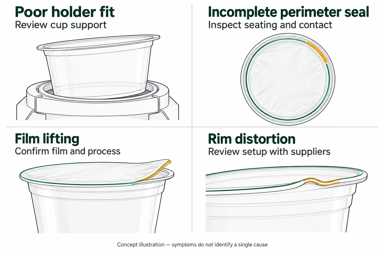 Conceptual sealing defects showing poor holder fit, an incomplete perimeter seal, film lifting and rim distortion