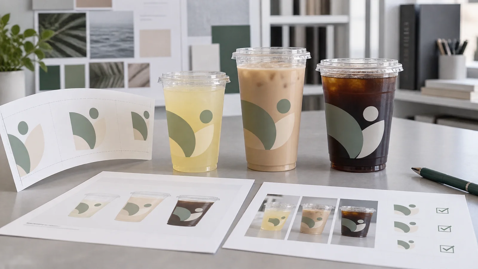 Uma marca de bebida adaptada a vários tamanhos de copos transparentes com posicionamento do logotipo específico para cada copo, diferentes cores de bebida e aprovação de amostra impressa