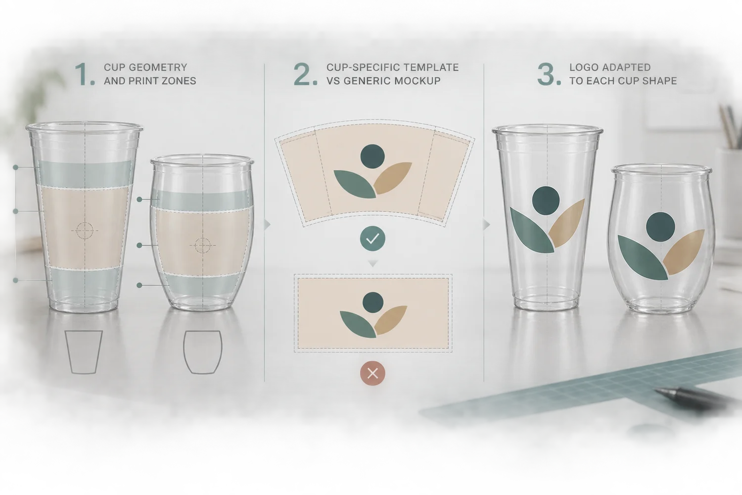 Cup branding placement reviewed against body taper, supplier print area and cup-specific curved template
