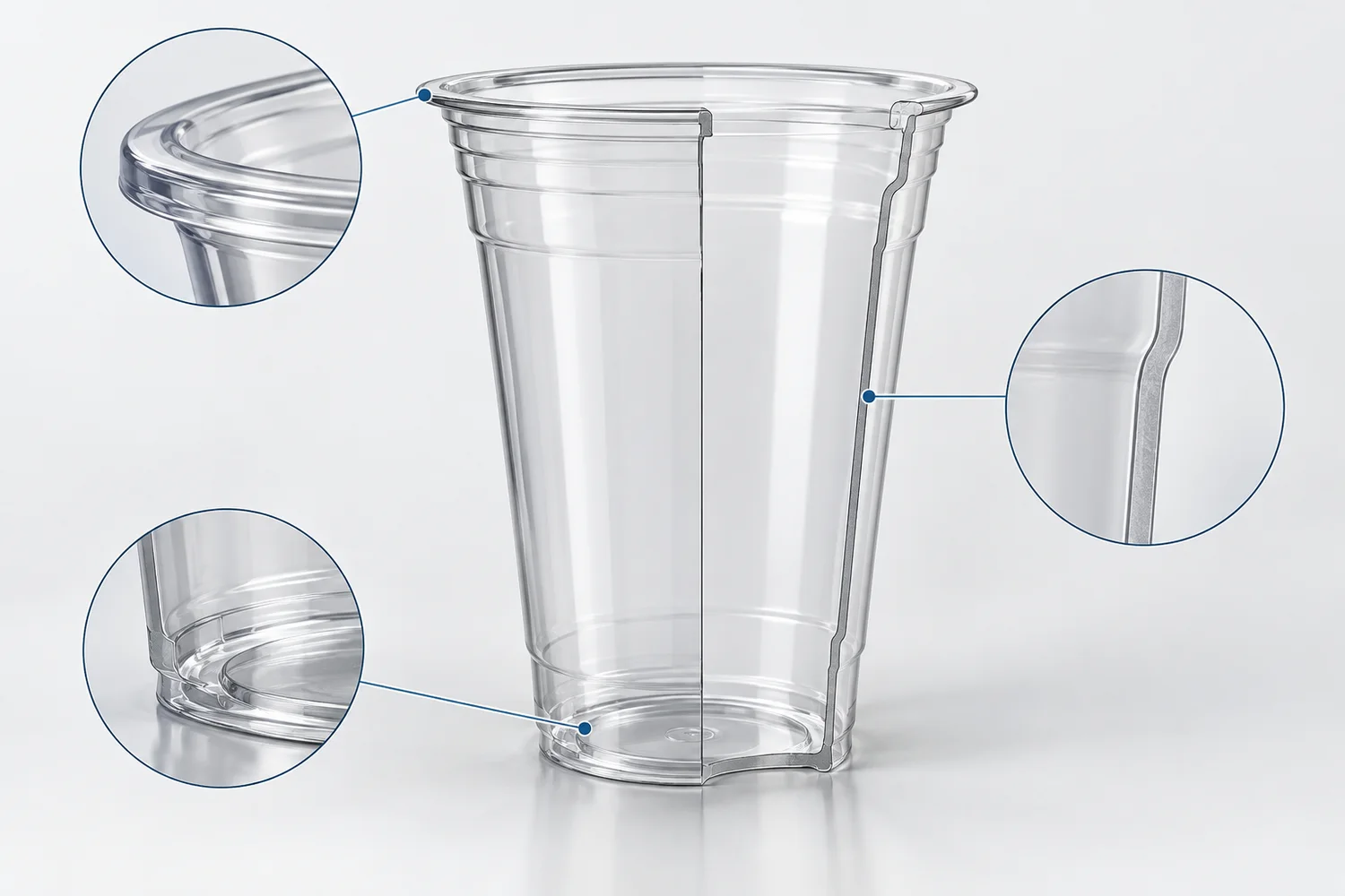 PET cup material distribution across rim sidewall and base