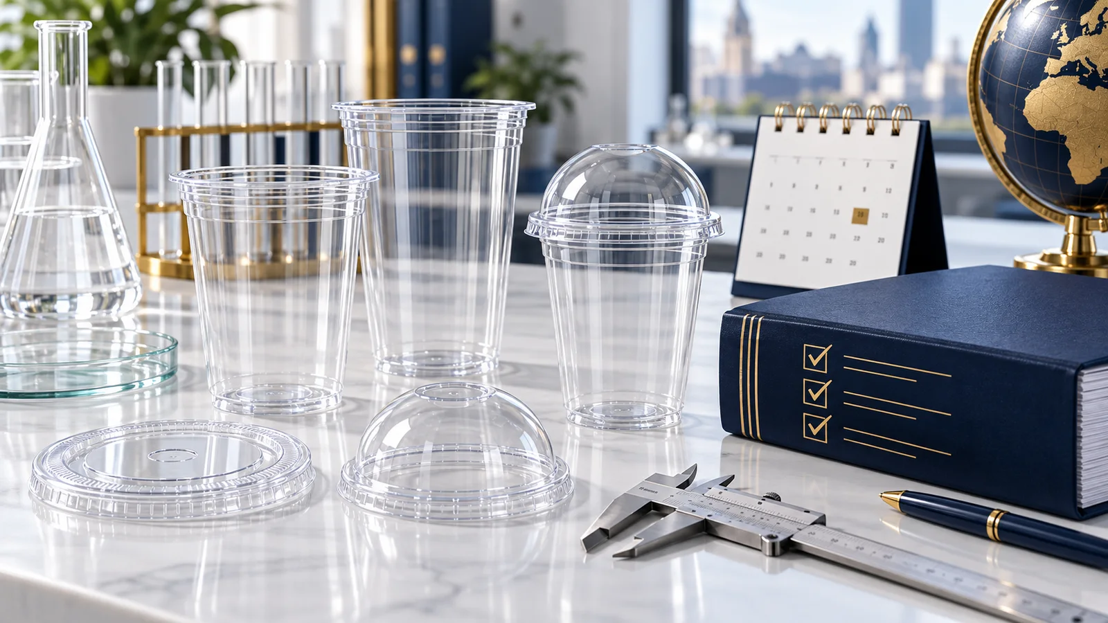 Clear plastic cups and lids on a compliance review desk with laboratory equipment, a calendar and a controlled documentation file