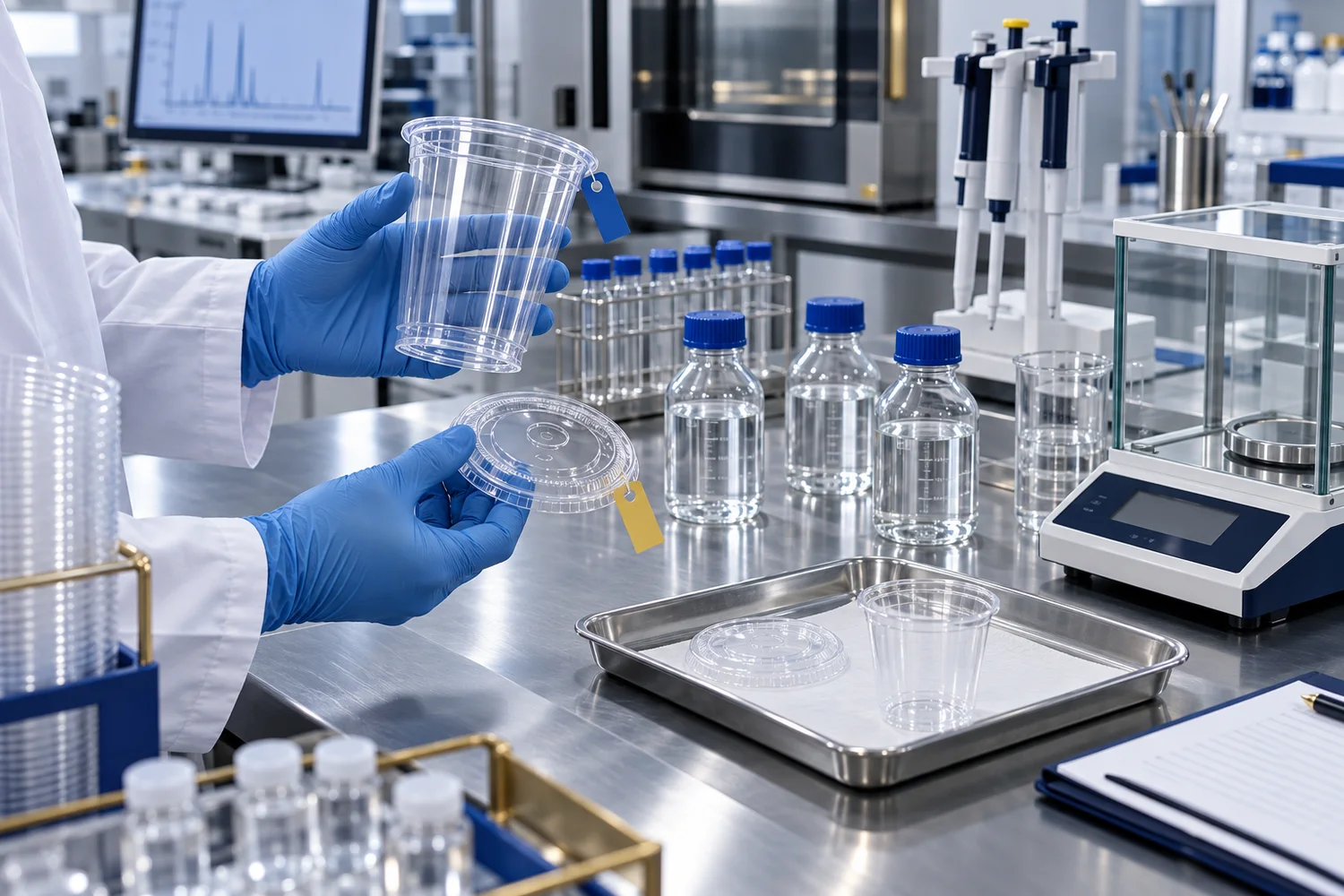 Laboratory technician assessing a clear plastic cup and transparent lid as separate food-contact test components