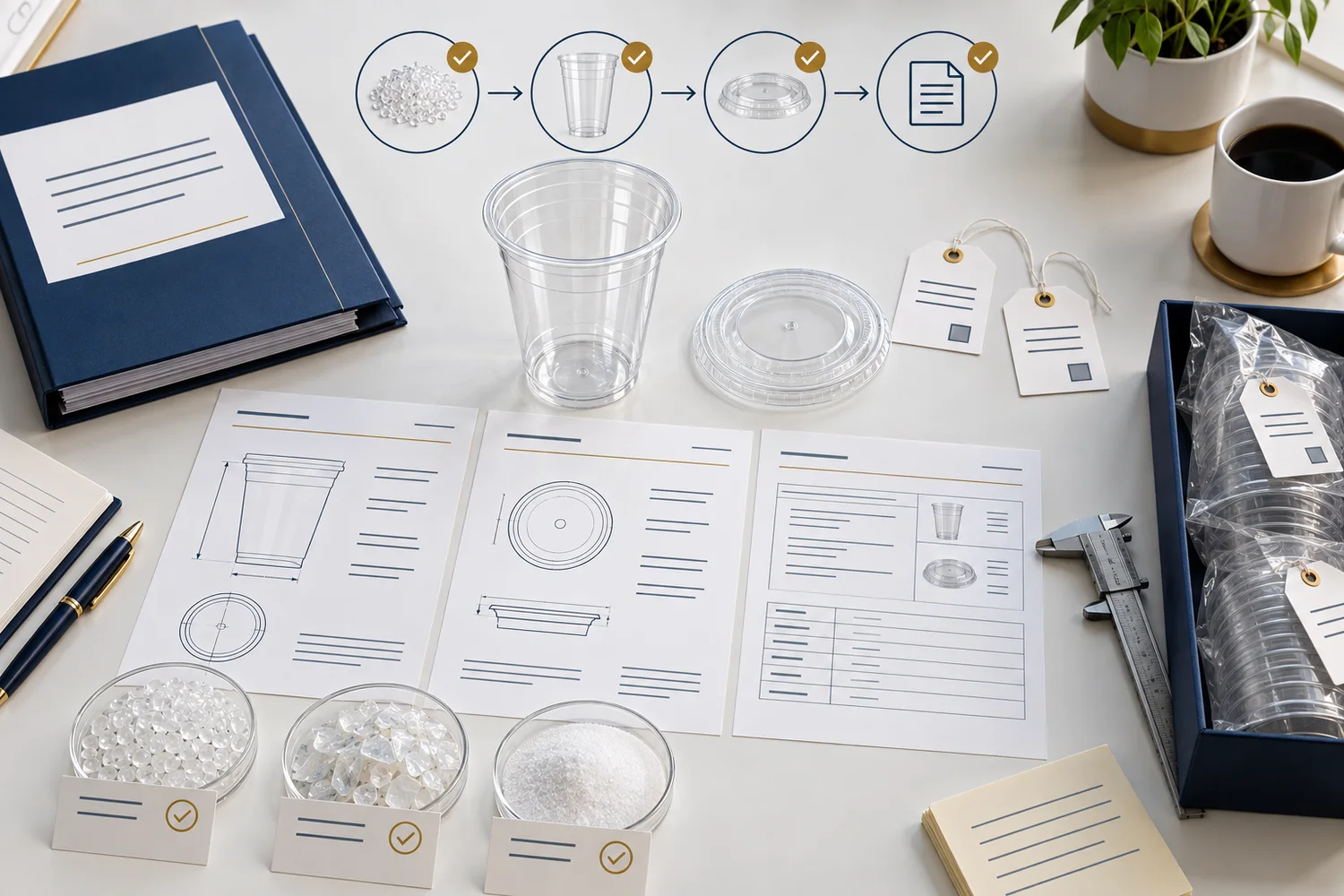 Cup and lid samples mapped separately to material records, technical specifications and a declaration of compliance file