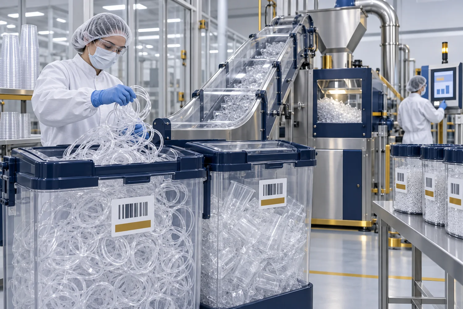 Clean plastic cup production offcuts segregated in dedicated closed containers with batch traceability before controlled reprocessing