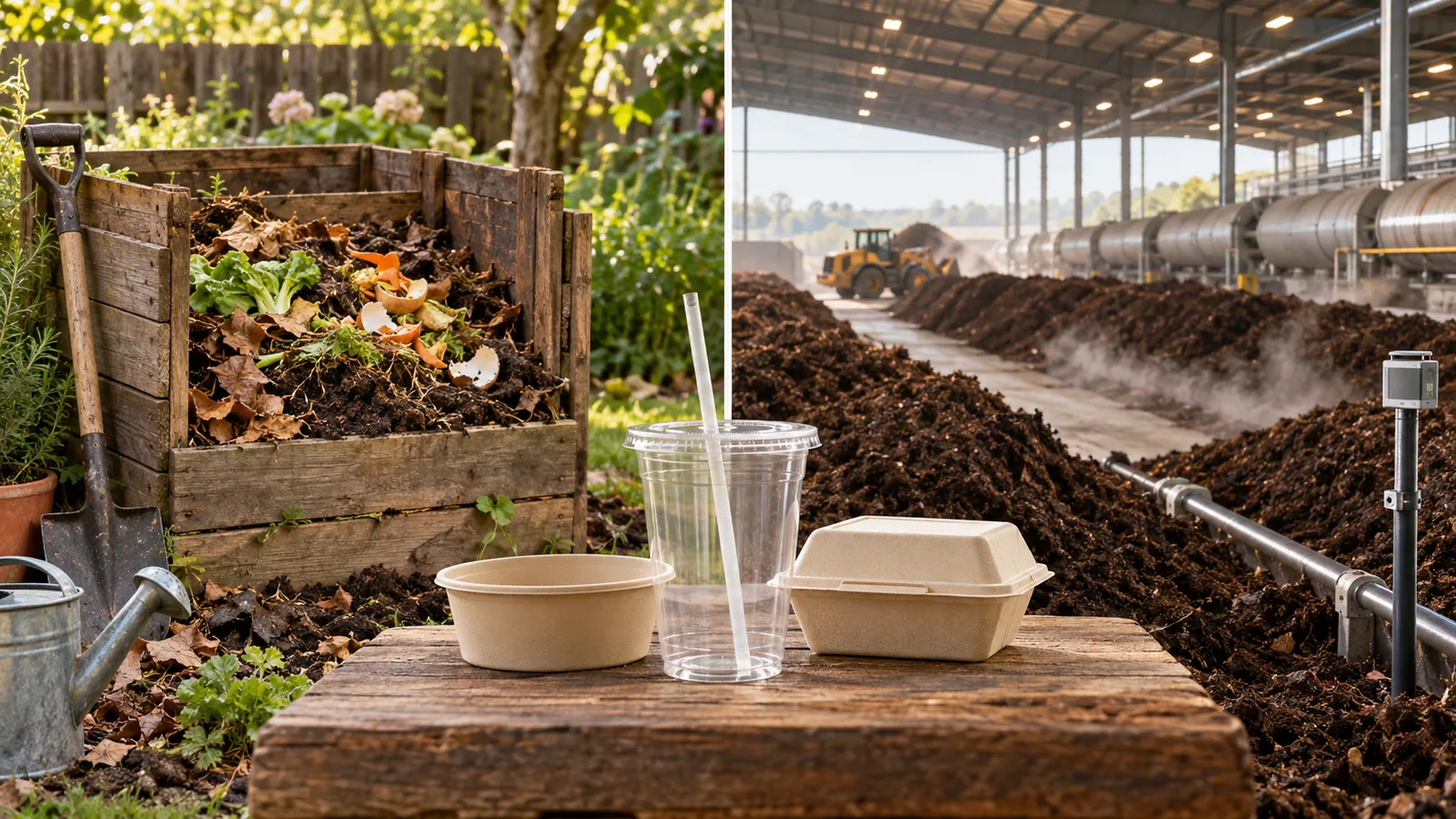 Split comparison of a backyard home compost bin and a controlled industrial composting facility with compostable foodservice packaging