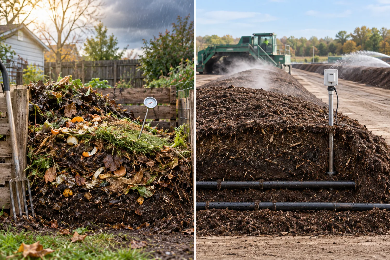 Side-by-side comparison of a small backyard compost pile and a managed industrial compost windrow with monitoring equipment
