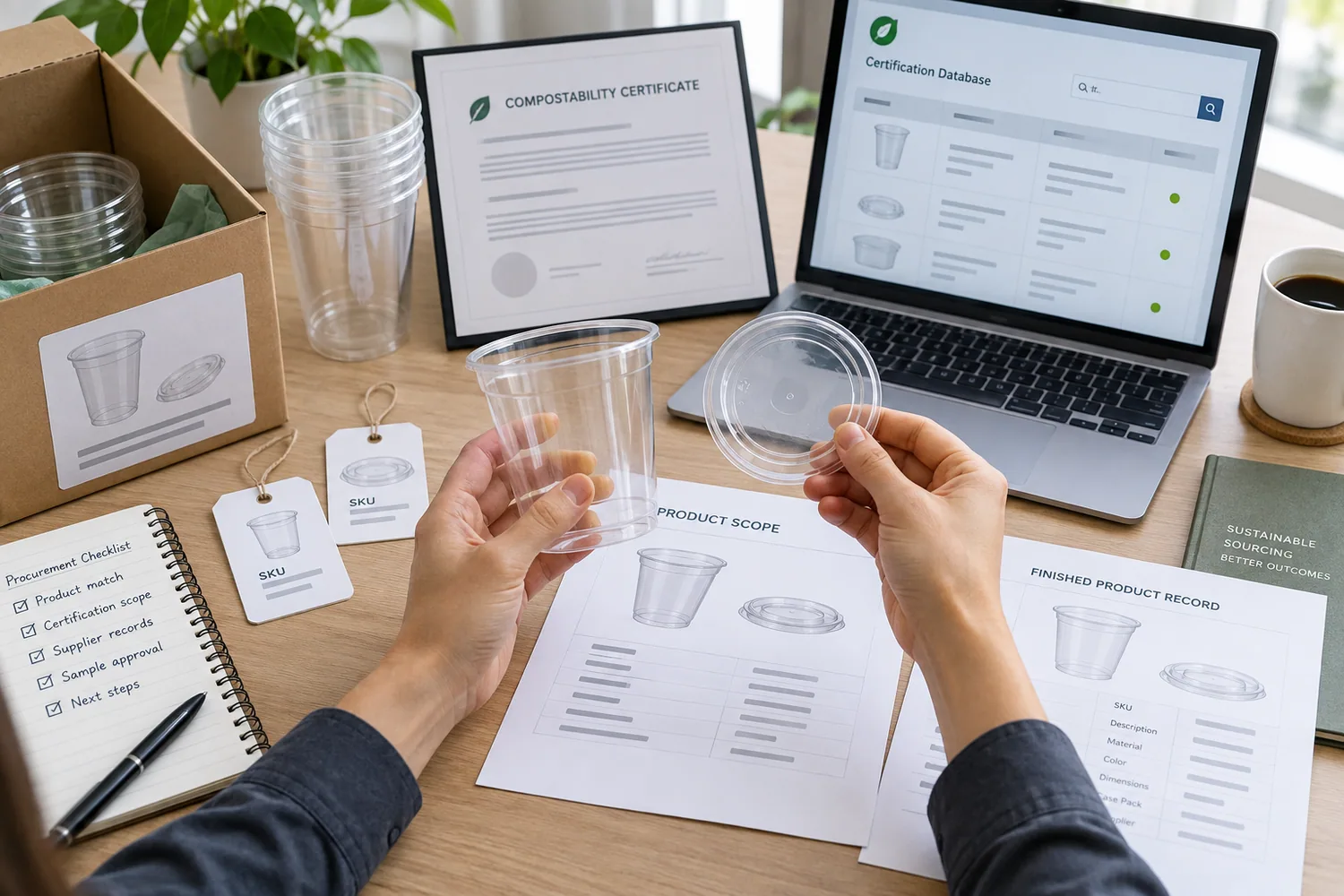 Packaging buyer comparing compostable cup and lid samples with certificate scope, SKU records and an official product database