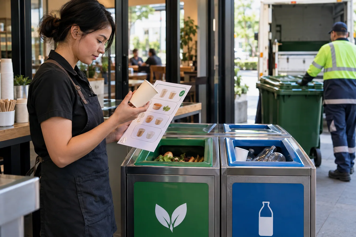 Cafe staff checking compostable packaging against an acceptance guide beside separated organics and recycling collection bins