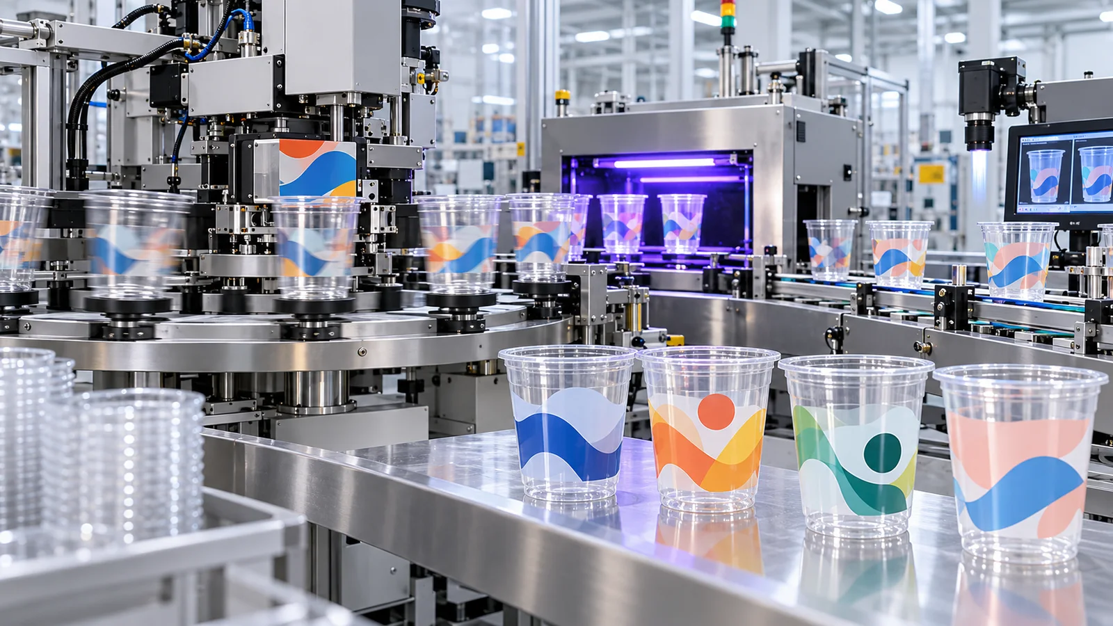 Custom plastic cups moving through an industrial printing process with cup-specific artwork, ink transfer and curing inspection