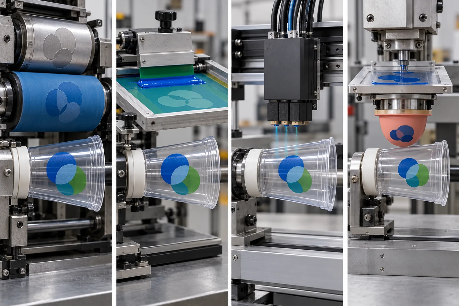Four plastic cup printing image paths: dry offset, screen, direct-to-object digital and pad printing