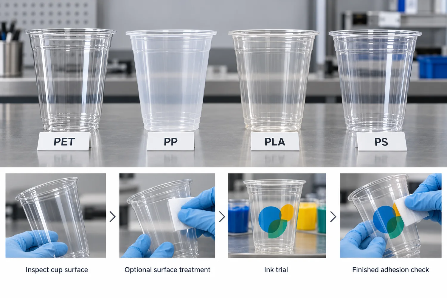 PET PP PLA and PS plastic cup material samples beside surface preparation and ink adhesion checks