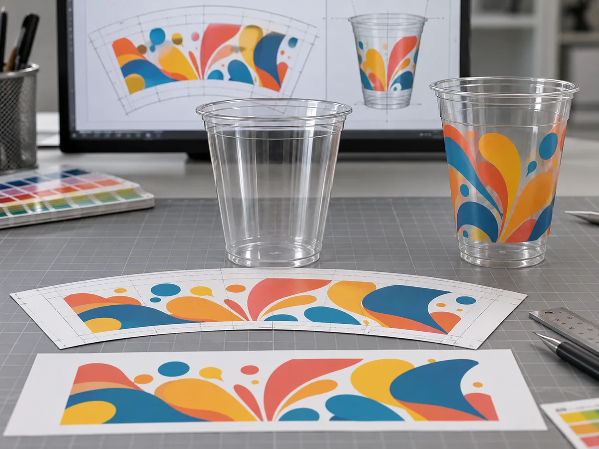Cup-specific curved artwork template aligned with the tapered sidewall of a clear plastic cup