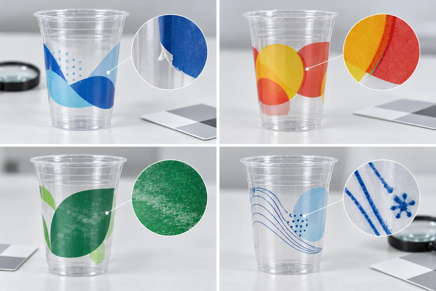 Printed plastic cup defect examples including ink peeling registration shift uneven coverage and lost fine detail