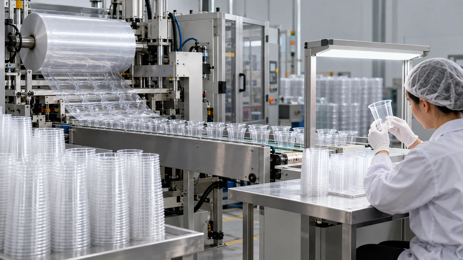 Illustrative thermoformed plastic cup production line with clear cups moving from forming to inspection