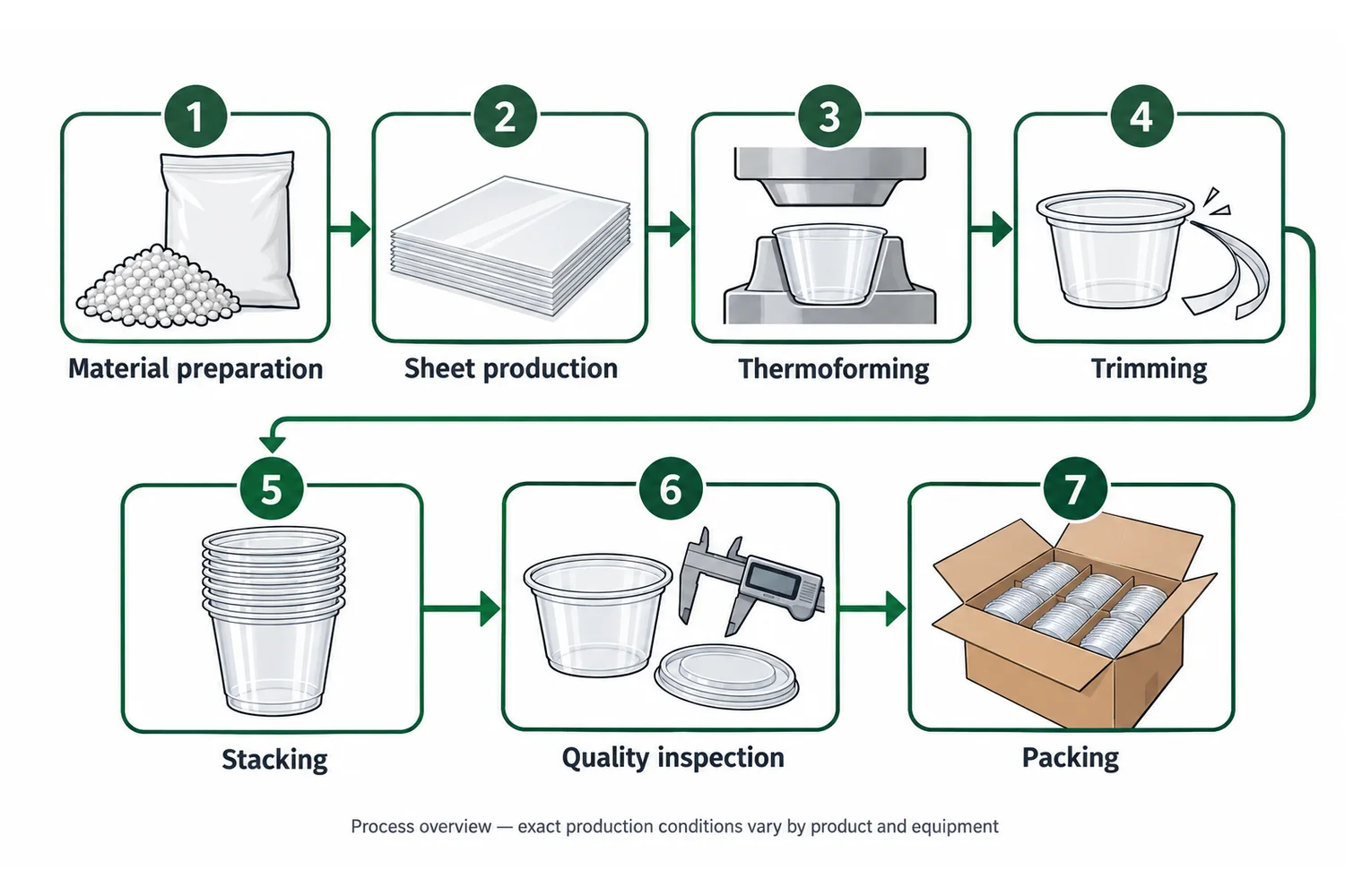 Seven-stage thermoformed plastic cup manufacturing workflow from material preparation to packing
