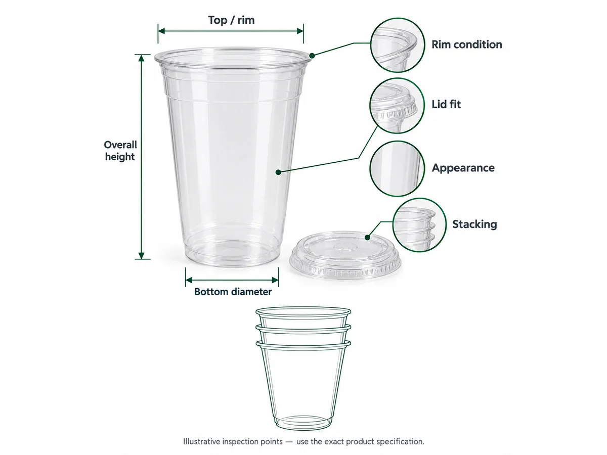 Plastic cup quality inspection diagram showing dimensions, rim condition, lid fit, appearance and stacking