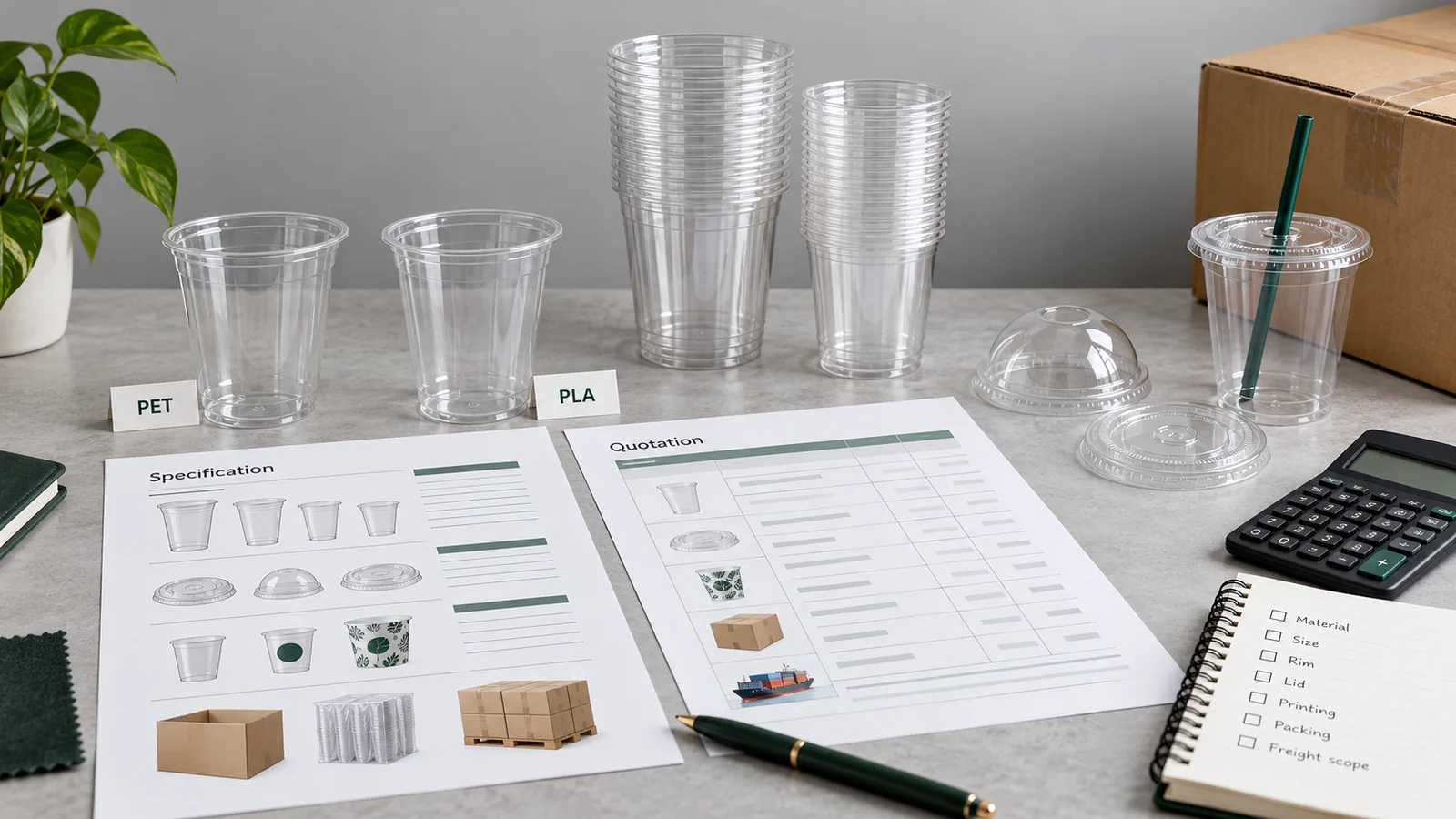 B2B plastic cup quotation review with clear PET and PLA cup samples, specification sheets and a calculator