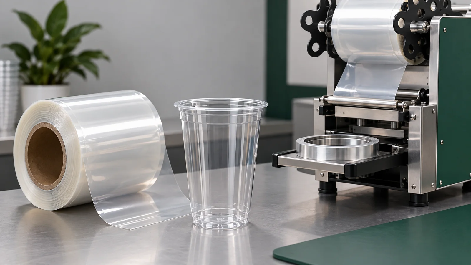 PET beverage cup, sealing film roll and unbranded cup sealing machine arranged for compatibility review