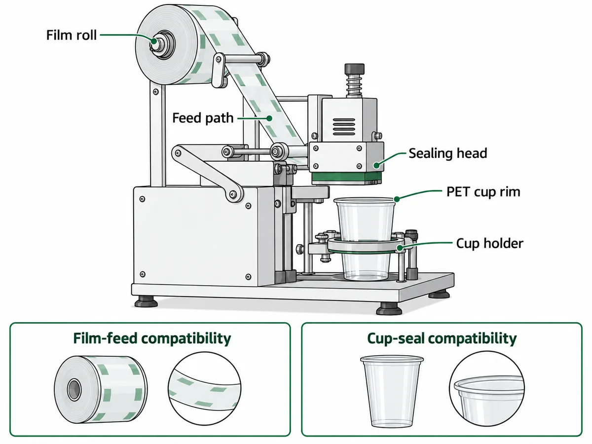 Conceptual machine setup showing sealing film roll feed, cup holder, sealing head and PET cup rim
