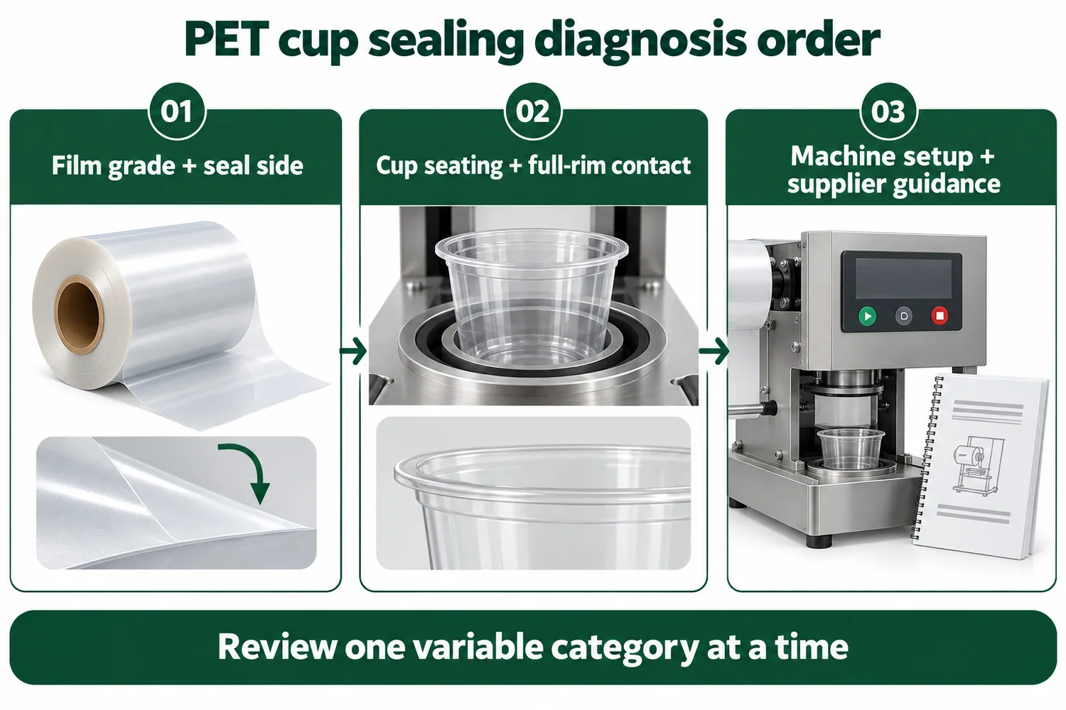 Three-step diagnostic order for PET cup sealing failures: check film interface, cup seating and machine setup