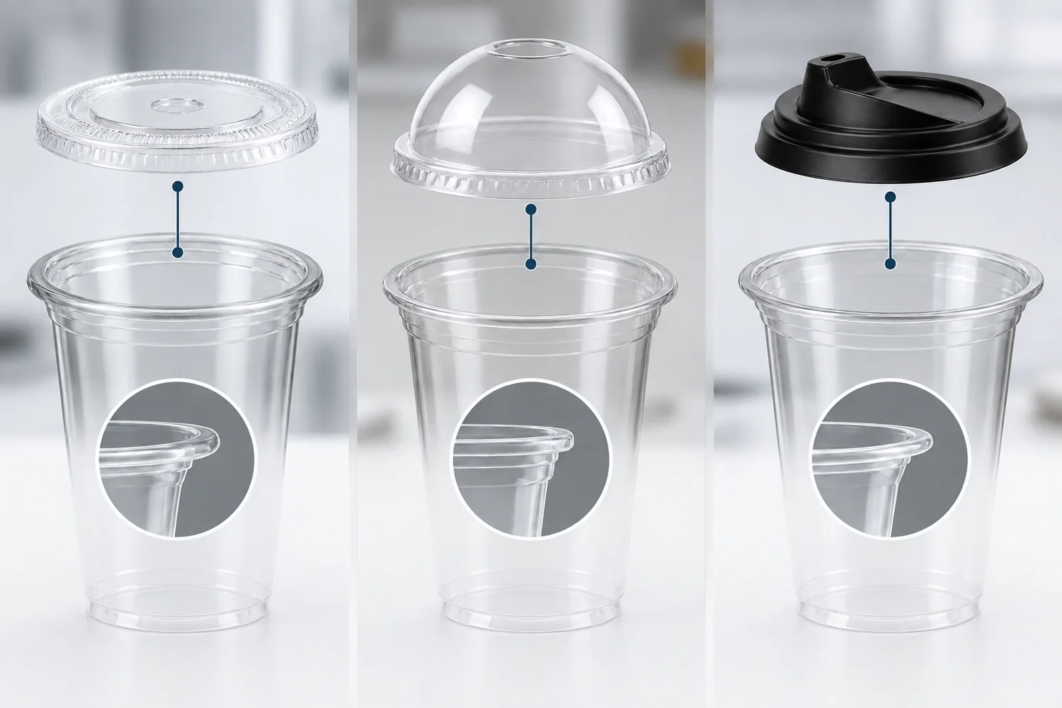 Different plastic cup rim families matched to their own verified flat, dome and drinking lids