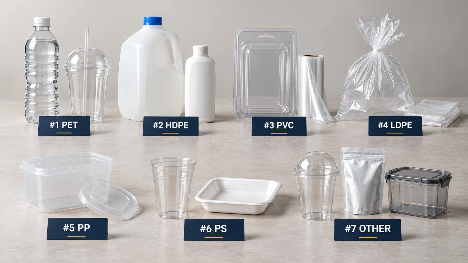 Seven balanced groups of real packaging objects labeled