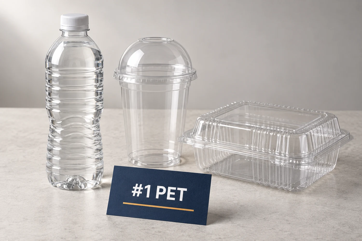 Clear PET beverage bottle, cold drink cup and transparent food tray beside an editorial label reading #1 PET