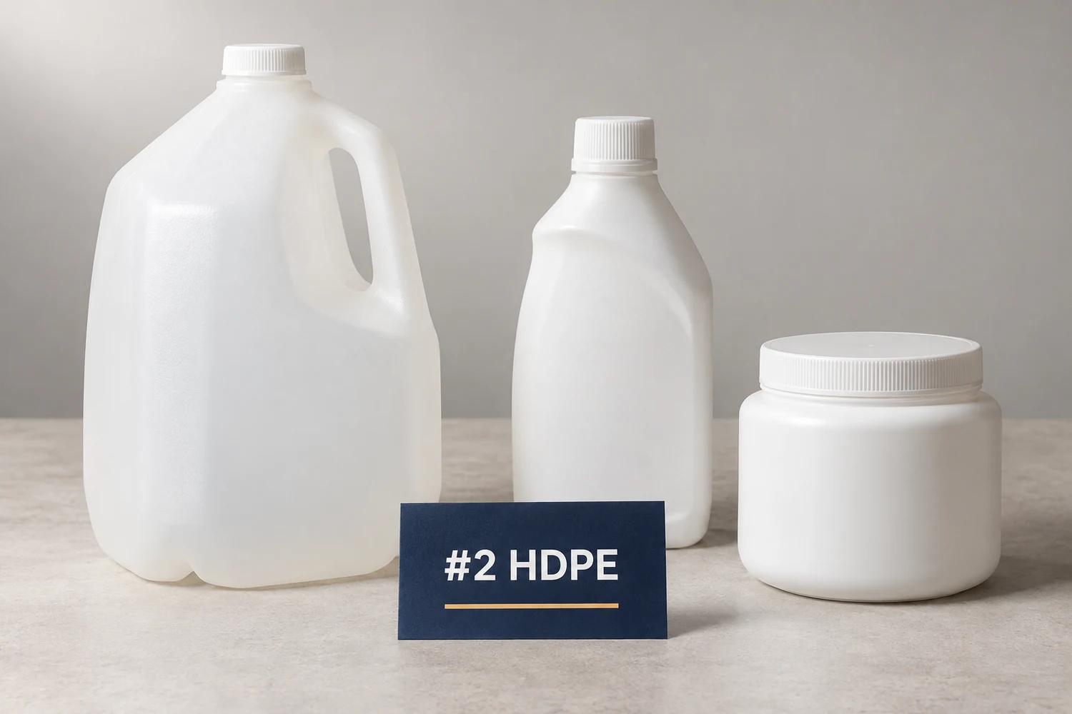 Natural translucent HDPE milk jug and opaque molded bottle beside an editorial label reading #2 HDPE