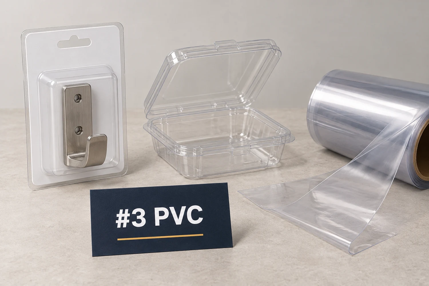 Clear rigid PVC blister package and flexible packaging film beside an editorial label reading #3 PVC