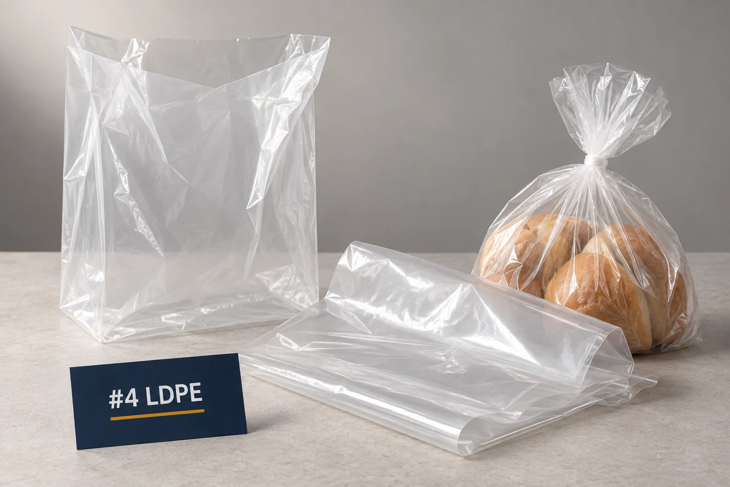 Soft transparent LDPE film, gusseted bag and flexible liner beside an editorial label reading #4 LDPE