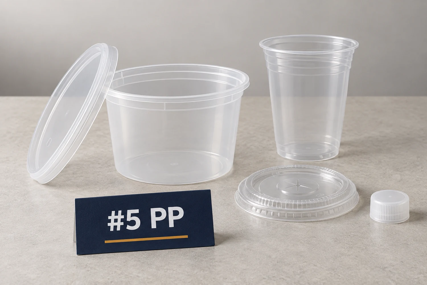 PP food container, separate cup lid and plastic closure beside an editorial label reading #5 PP
