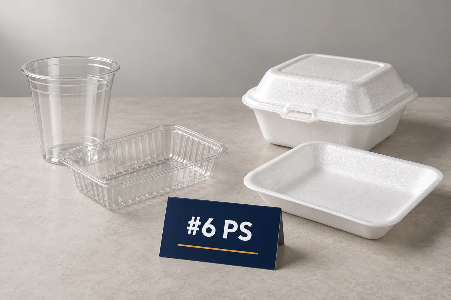 Rigid clear polystyrene foodservice cup and white expanded polystyrene tray beside an editorial label reading #6 PS