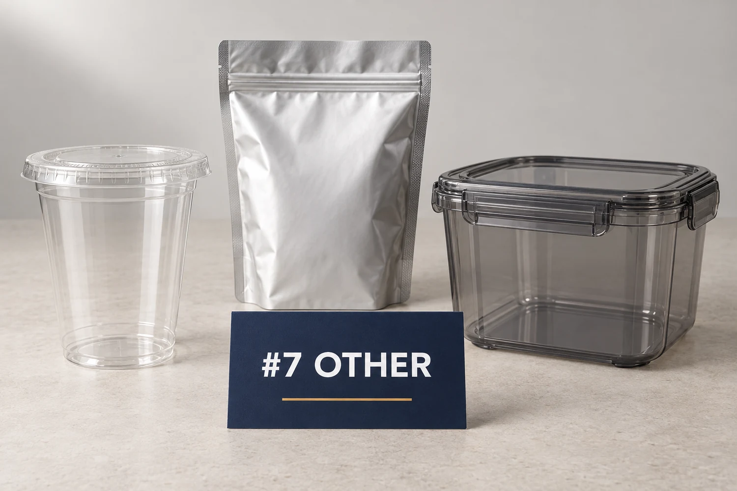 A #7 OTHER group with one clear PLA cold cup, one multilayer pouch and one different polymer package shown as equal examples