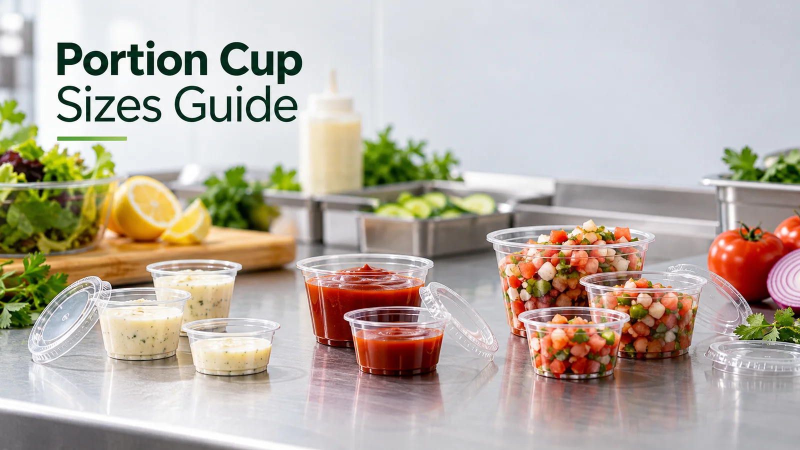 Small clear portion cups with sauce, dressing and dip arranged for size and headspace comparison