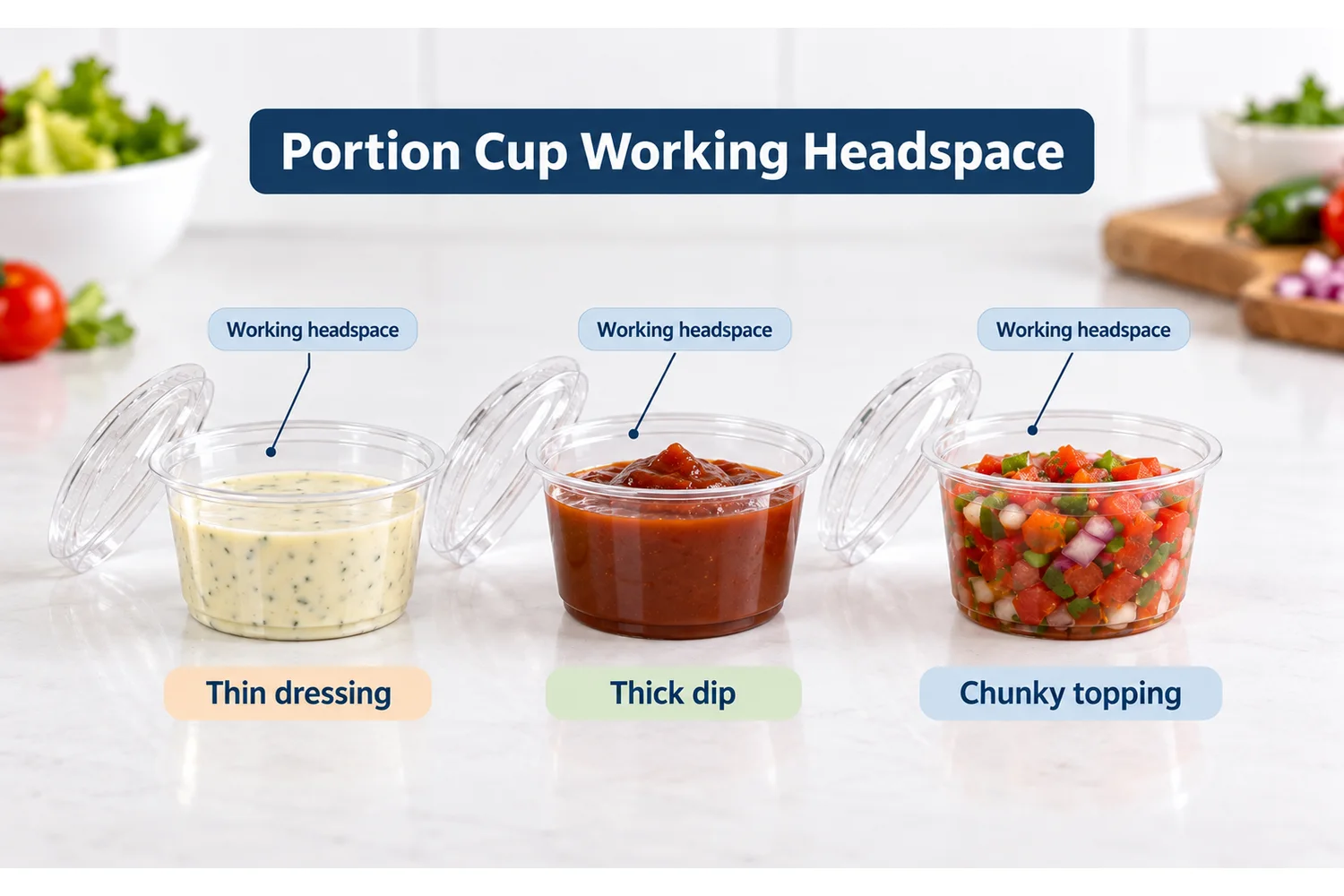 Conceptual comparison of thin dressing, thick dip and chunky condiment in small portion cups with different working headspace
