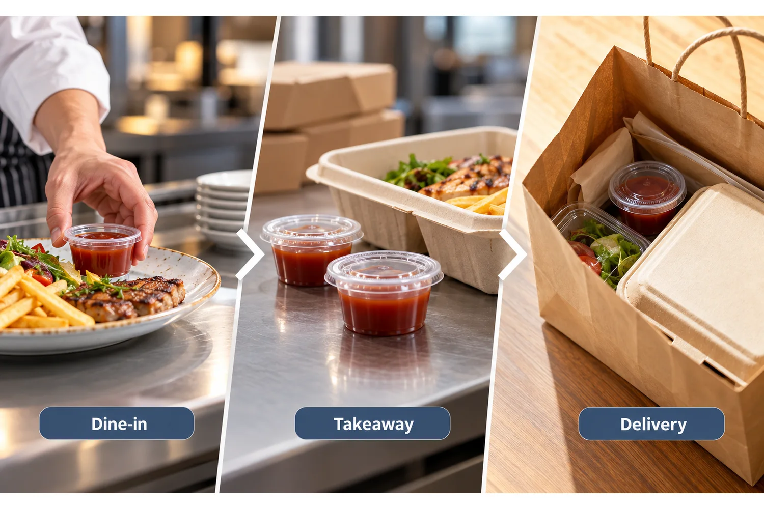 Small portion cup moving through dine-in, takeaway and delivery handling stages beside food containers