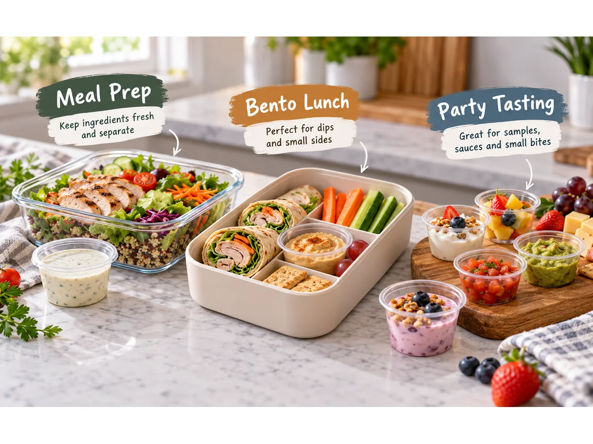 Small portion cups used for meal prep, lunch-box dressing and party tasting portions