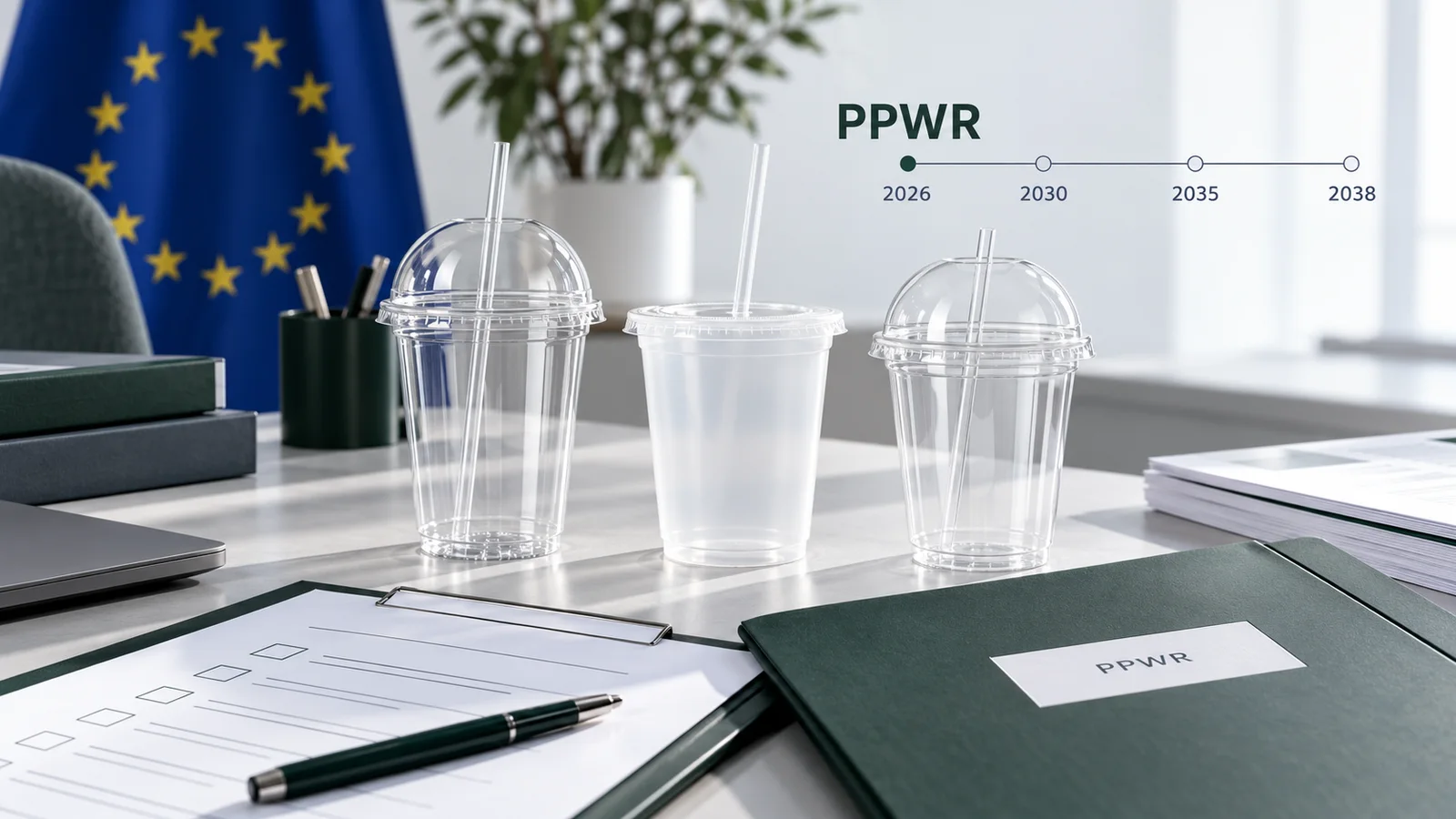 EU PPWR compliance planning for PET, PP and PLA plastic cups with a 2026 to 2038 regulatory timeline